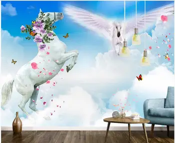 High-end meri fotografijo, katere koli velikosti, 3d ozadje Pegasus skoki proti modro nebo in beli oblaki cvetje 3d stenske freske ozadje