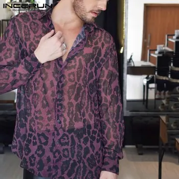 INCERUN Modni Moški Očesa Majica Leopard Tiskanja Ulične Dolg Rokav River Glej Skozi Bluzo Dihanje Seksi Stranka Camisas S-5XL