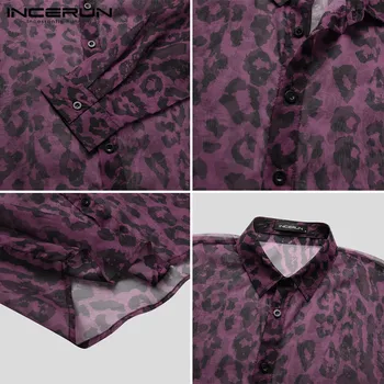 INCERUN Modni Moški Očesa Majica Leopard Tiskanja Ulične Dolg Rokav River Glej Skozi Bluzo Dihanje Seksi Stranka Camisas S-5XL
