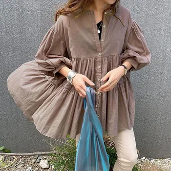 Japonska Sveži Lady Šifon Bluzo Svoboden Priložnostne Obrabe Ulica Srajce Jeseni Koreja Trdna Ženske Vrhovi Vrečasta Modni Mladega Dekleta Majice