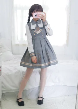 Japonski Lolita Nastavite Obleko Sladko Dekle Šoli Britanski Stil Kariran Obleko Z Volnene Bat Cape Plašč Dvakrat Zapored River Plašč Set