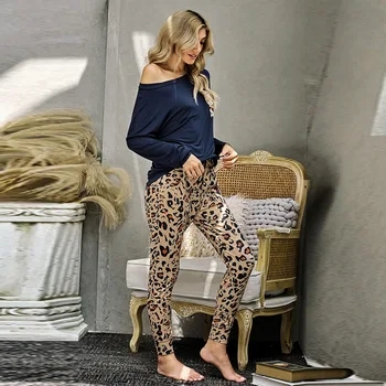 Jeseni in pozimi doma pižamo žensko leopard tiskanja dolgo sleeved hlače domov nositi off-ramo pižamo lahko nosili zunaj