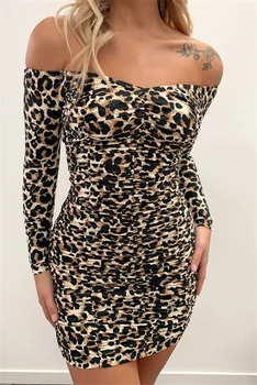 Jeseni in pozimi žensk novo ins slog eno vrstico vratu brez naramnic oblikovanje telesa dolg rokav seksi leopard tiskanja vrečko hip obleko