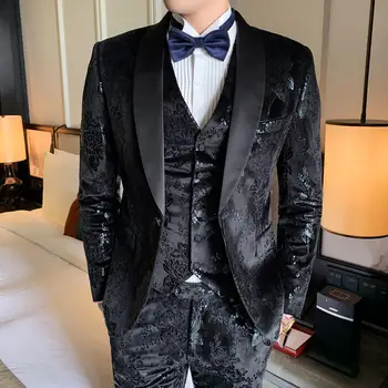 Jeseni, Pozimi Poroko moških Obleko za Dogodek 2020 Natisnjeni slim fit zveze stranka srečanje kostum ternos 3 Kos obleke Žamet set