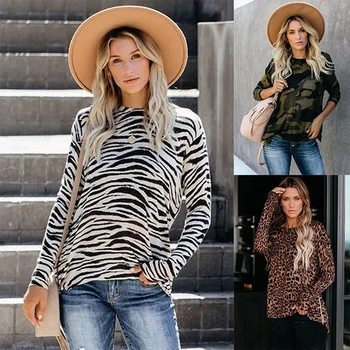 Jeseni ženska Majica s kratkimi rokavi Seksi Leopard Natisnjeni Dolg Rokav Trak Moda Vrhovi Ulica Kakovosti Priložnostne Slim Gospe T Shirt
