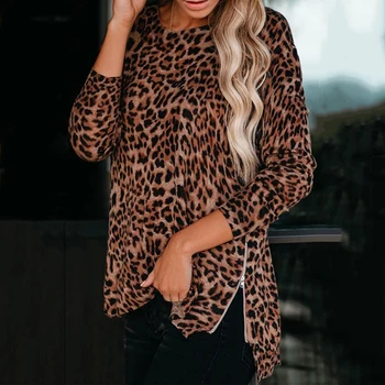 Jeseni ženska Majica s kratkimi rokavi Seksi Leopard Natisnjeni Dolg Rokav Trak Moda Vrhovi Ulica Kakovosti Priložnostne Slim Gospe T Shirt