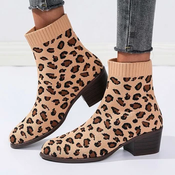 Jeseni Ženske Gleženj Chelsea Škornji Leopard Tiskanja Opozoril Kvadratnih Nizke Pete Plus Velikost Gume, Ki Je Edini Modni Trend Čevlji Dame Whosale