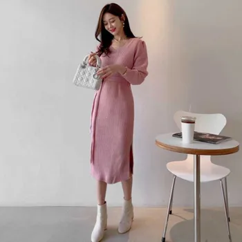 Korejski Elegantno Obleko Dame Eno-Kos Slim V-Neck Knitted Talarji 2020 Zimske Ženske Dolg Rokav Plesti Obleko Midi Obleko