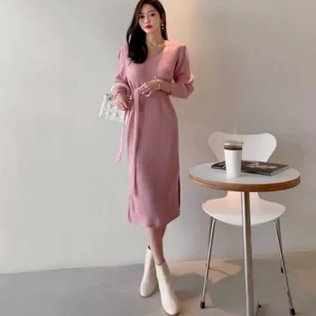 Korejski Elegantno Obleko Dame Eno-Kos Slim V-Neck Knitted Talarji 2020 Zimske Ženske Dolg Rokav Plesti Obleko Midi Obleko