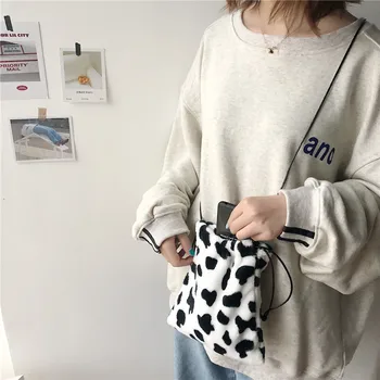 Korejski ins preprost zemlji kul plišastih krava eno ramo torba stransko torbo pripravi vrvi snop usta vrečko vrečko torbici plima ženska