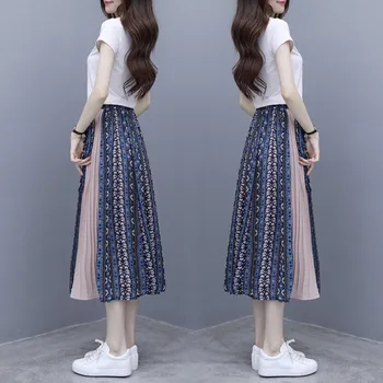 Korejski Tiskanja Elegantno Šifon 2 Kos Set Lok Kratek Moda Conjunto Feminino Mozaik Elegantna Visoko Pasu, Dva Kosa Iz