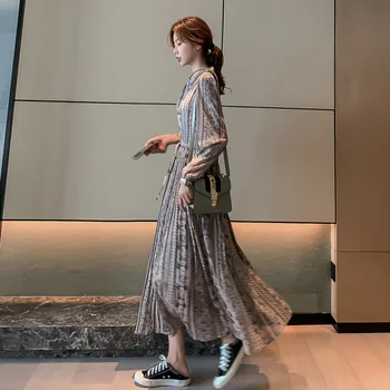 Leta 2019 Nove Jesensko Ženske Tiskanja Vintage Obleko Z Dolgimi Rokavi Stranka Klub Naguban Maxi Korejski Elegantne Dame Moda Športna Oblačila