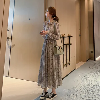 Leta 2019 Nove Jesensko Ženske Tiskanja Vintage Obleko Z Dolgimi Rokavi Stranka Klub Naguban Maxi Korejski Elegantne Dame Moda Športna Oblačila