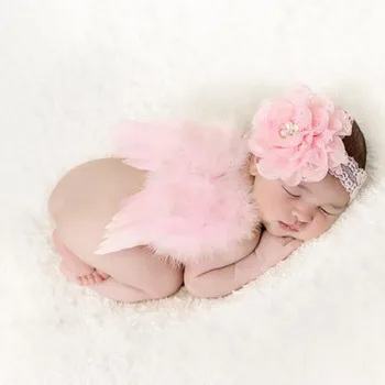 Lovely Baby Novorojenčka Fotografija Rekviziti Za Malčke Dekliška Beli Angel Pernata Krila Krilo Nastavite Kostum + Trakovi Otroci Obleko Foto Prop