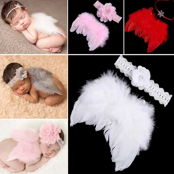 Lovely Baby Novorojenčka Fotografija Rekviziti Za Malčke Dekliška Beli Angel Pernata Krila Krilo Nastavite Kostum + Trakovi Otroci Obleko Foto Prop