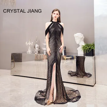Luksuzni Formalno Obleko 2020 haljo de soiree Black Crystal Beaded Seksi Spredaj Split Večerno Obleko Trobenta Večer Dolge Obleke