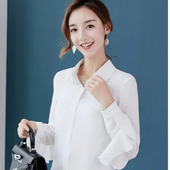 Majice za Ženske v korejskem Slogu Trdna Dolgo Metulj Rokav Vse-tekmo Ženska Priložnostne Šifon Ruffles Dekle Bluze Elegantna Urad Ženske