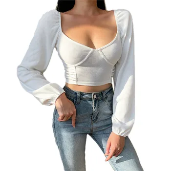 Moda Belo Long Sleeve majica s kratkimi rokavi Ženske Vrhovi Bodycon Trdnih Temeljnih Belušno T shirt Priložnostne Obreži Zgoraj Tee Shirt Femme