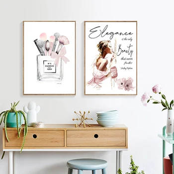 Moda Knjiga, Plakat Wall Art Roza Ličila Ščetke Vrečko Platno Slikarstvo Lepoto Ženska Natisne Parfum Sliko Za Dnevni Sobi Doma Deco