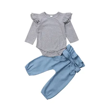Moda Priložnostne 3pcs Oblačila Newborn Baby Dekle Trdna Vrhovi Romper+Bowknot Traper Hlače Nastavite Jeseni Obleke Bombaž Mehka Oblačila