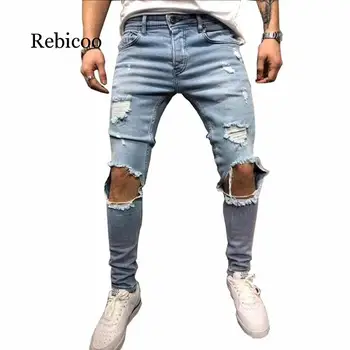 Moda Ulične Moške Jeans Letnik Modro Sive Barve, Suh Uničeno Ripped Kavbojke Zdrobljen Punk Hlače Homme Hip Hop Kavbojke Moški