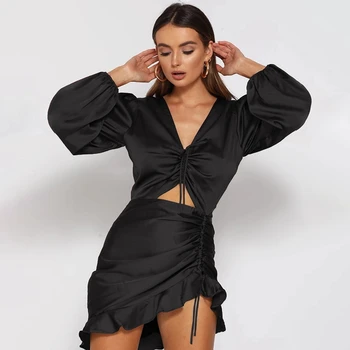 Moda za Ženske Flounced Dolgimi Rokavi, V-izrez A-line Mini Obleka Seksi Stranka Obleko