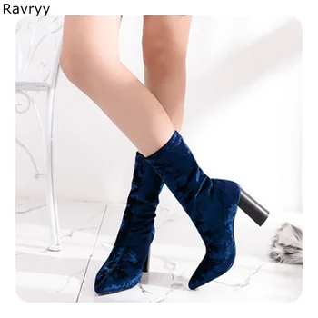 Modni ženski modre kratke čevlji elastična antilop usnja jeseni, pozimi ženske gleženj boot kvadratnih pete konicami prstov ženski čevlji