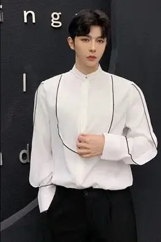 Moške bluzo pomlad barvno ujemanje puff rokavi, ovratnik, rokavi moški frizerski salon korejska različica trend lep majica