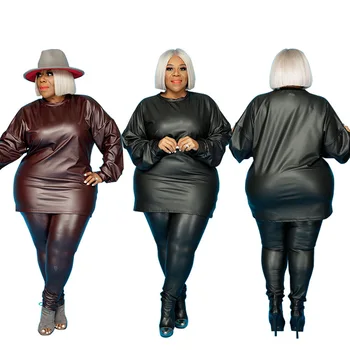 Najnovejši Jeseni Usnje Priložnostne Ženske Obleka Trdna Dve Delni Set Plus-Velikost XL-5XL+ Skinny Hlače Dama Stranke, Modne Obleke 2021