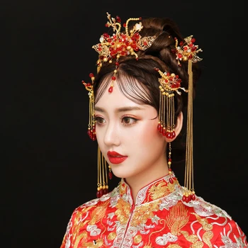 NiuShuya Tradicionalni Kitajski Nevesta Headdress Kostum Hairclips Cvetlični Ostra Poroko Hairwear fotografija Lase Palico za dodatno Opremo