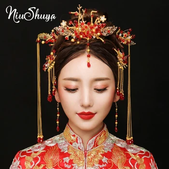 NiuShuya Tradicionalni Kitajski Nevesta Headdress Kostum Hairclips Cvetlični Ostra Poroko Hairwear fotografija Lase Palico za dodatno Opremo