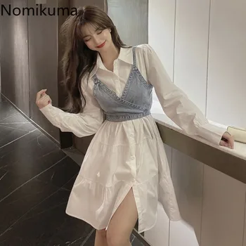 Nomikuma Korejskem Slogu Žensk, Dva Kosa Iz Špageti Trak Denim Vrhovi Dolg Rokav Sladko Mini Obleka 2021 Novo Elegancija Obleke Obleko