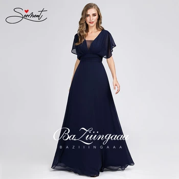 Nova Elegantna Ženska Večerno obleko Preprosto Šifon Plus Velikost V-neck Elegantno Lotus Listov Sleeve Solid Color Večerno Obleko