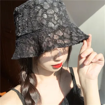 Nova Japonska In korejska Fashion Lace Black Vedro Klobuk Poletje, Sonce Klobuki Za Ženske iz Votlih Cvet Ribiči Klobuk
