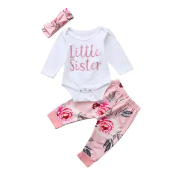 Nova Jesensko Novorojenega Dojenčka Baby Girl Obleke Sestrico Romper + Cvetlični Hlače, Obleke Nastavite 3Pcs