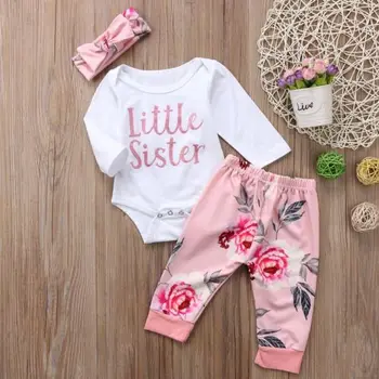 Nova Jesensko Novorojenega Dojenčka Baby Girl Obleke Sestrico Romper + Cvetlični Hlače, Obleke Nastavite 3Pcs