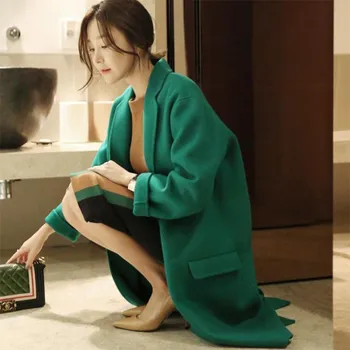 Nove dobre kakovosti volnene plašč 2020 dvostranski kašmir suknji žensk dolgo jakno kolena nad korejski Zelena volna, dlaka ženske