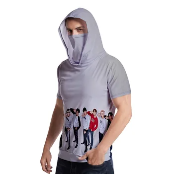 Nove korejske Modne Kpop MONSTA X 3D Hooded Srajce, Moške/ženske, Harajuku Ulične 3D Kapuco T Srajce + Headscarf za Zaščito pred Soncem