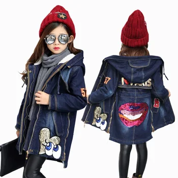 Nove Zimske Otroci Dekleta Traper Suknjič Otrok Debel Mah Toplo Jakno Plašč Bombaž Hooded Outwear Za Dekle