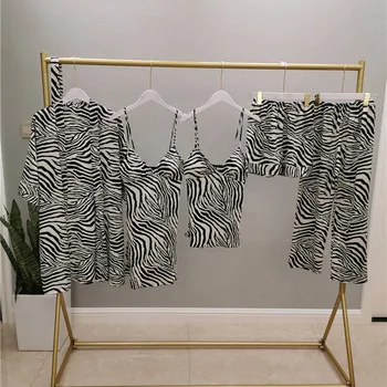 Nove Ženske Pižame Nastavite Saten 5PCS Sleepwear Svilnato Kimono Plašč Natisnjeni Spanja Set Ženskih Priložnostne Pižame Obleko Domov Oblačila