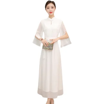 Novo 2021 Fashion Bela Zelena Elegantno Vitek Stranka Cheongsam Dolgo Split Obleka Ženske Dolg Rokav Qipao Tradicionalna Kitajska Oblačila