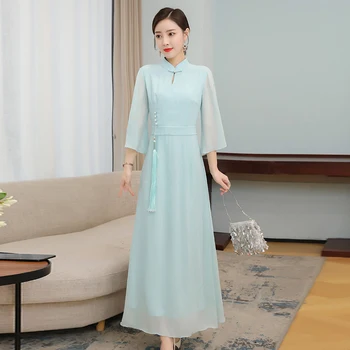 Novo 2021 Fashion Bela Zelena Elegantno Vitek Stranka Cheongsam Dolgo Split Obleka Ženske Dolg Rokav Qipao Tradicionalna Kitajska Oblačila