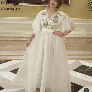 Novo-line Ivory White Večerne Obleke Dolgo 2020 Zlato Čipke Appliques Til Muslimanska Stranka Obleko Vestido De Noche Haljo De Soiree