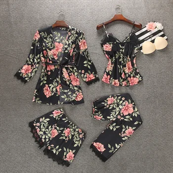 NOVO Nočno Haljo Pomlad Ženska 4pcs Sleepwear Določa Trak Top Hlače Obleko Priložnostne 2019 Seksi Pižamo More Kimono Kopalne Obleke M, L, XL