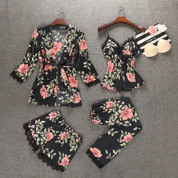 NOVO Nočno Haljo Pomlad Ženska 4pcs Sleepwear Določa Trak Top Hlače Obleko Priložnostne 2019 Seksi Pižamo More Kimono Kopalne Obleke M, L, XL