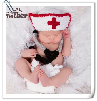 Novorojenček Fotografija Rekviziti Baby Dekle Pribor Baby Kvačkanje Kostum za Malčke medicinska Sestra Klobuk+hlače+Stetoskop Obleke Baby foto Rekviziti