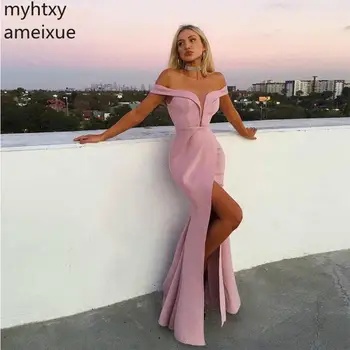 Off Sexy Poceni Rami S Split Saten Morska Deklica Prom Obleke Dolgo Pink Plus Velikost Prom Oblačenja 2020 Gala Obleke, Elegantne