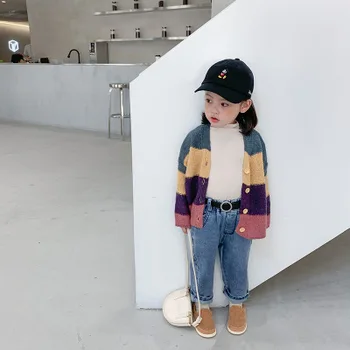 Otrok Dekleta Jopico Coats 2020 Jeseni korejskem Slogu Baby Dekleta Puloverji Otroci Mavrica Mozaik Pletenje Coats Baby Outwear