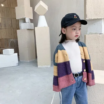 Otrok Dekleta Jopico Coats 2020 Jeseni korejskem Slogu Baby Dekleta Puloverji Otroci Mavrica Mozaik Pletenje Coats Baby Outwear