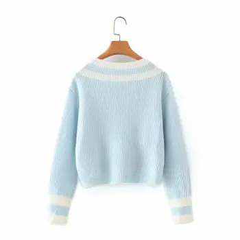 Pleteno jopico ženske letnik pulover v vratu mozaik pulover prugasta korejski rastlinske modro jopico zaviti pulover čipke vrh padec